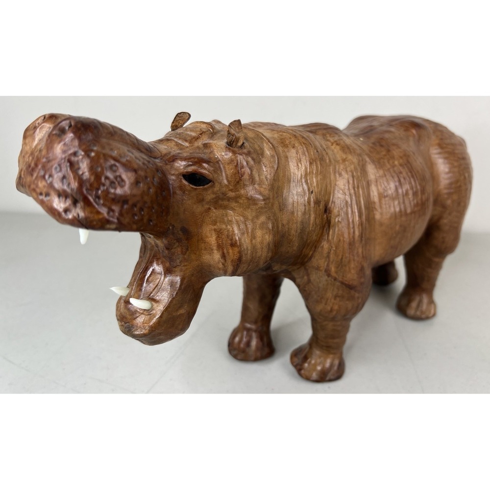 LARGE Vintage MCM Leather Wrapped Hippo Glass Eyes Wildlife Sculpture Statue 15"